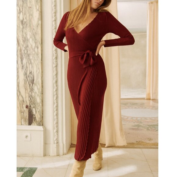 EUC Sezane Cecilia Wrap Midi Dress Wine Burgendy French Causal Knit Soft - Picture 1 of 10